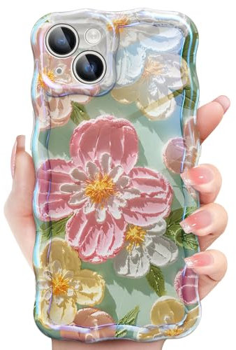 JETech Cute Case for iPhone 13 6.1-Inch, Colorful Retro Oil Painting Floral Design Curly Wave Frame, Stylish Flower TPU Soft Protective Phone Cover for Women and Girl (Pink Flower)
