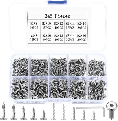 345 Stück M2 M3 Blechschrauben Selbstschneidende Schrauben Set, Rundkopfschrauben Innensechskant Schrauben Set, Holzschrauben Sortiment Set, Flachkopfschraubenset Innensechskantschrauben