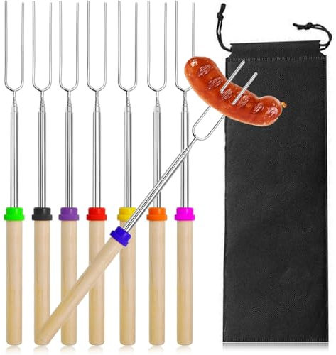 Barbecue Forks, 8 Pcs Marshmallow Toasting Forks, Retractable Outdoor Campfire Accessories Marshmallow Roasting Sticks U Shape Hot Dog Fork with Wooden Handle for BBQ Campfire Party