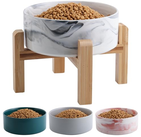 Addggo Black 6 in Elevated/Raised Dog Bowl Ceramic with Wood Stand for Small and Medium Breed,Non Slip Heavy Wighted Dog Food Water Dish,3.6 Cups Cute Porcelain Pet Bowl Marble Grey