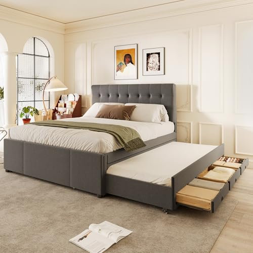 Rvjiahe Gepolstertes Bett, Doppelbett, mit drei Schubladen, Ausziehbar, verstellbares Kopfteil ohne Matratze (Grau, 140x200cm)