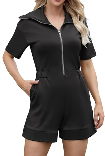 EvolSer Jumpsuit Damen Kurz, Sommer Einteiler mit Stretch-Anteil, Eleganter Playsuit mit Reißverschluss & Taschen, Formstabiler & Blickdichter Romper, Ideal für Freizeit & Sportliche Looks