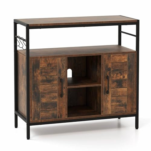 TANGZON Buffet Sideboard, Kitchen Storage Cabinet with 2 Doors, Adjustable Shelves, 3 Hooks & 2 Anti-tipping Kits, Industrial Cupboard Organizer for Dining Room, Living Room, Rustic Brown and Black