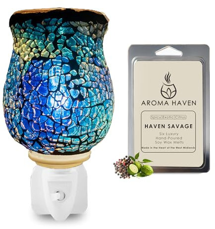 Aroma Haven S2 Plug In Wax Melt Burner with Wax Melts | Electric Mosaic Wall Warmer & Night Light Diffuser – Designer-Inspired Fragrance Set for Home Scent & Decor (UK Plug) (Haven Savage)