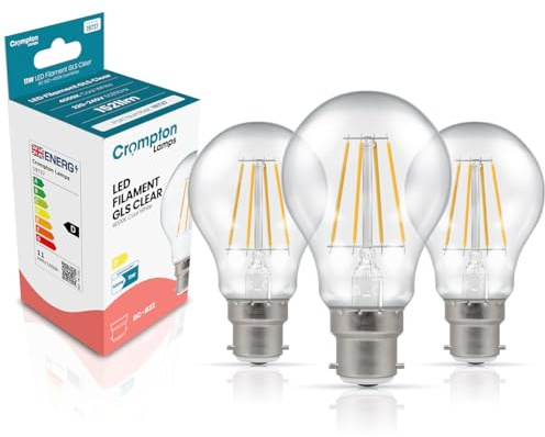 Crompton Lamps Filament GLS LED Light Bulb BC-B22d | 11W = 100W Equivalent | Cool White 4000K | Energy Efficient | Bayonet Lightbulb | Long Life 15,000-Hrs | Clear Glass | Dimmable | 3-Pack