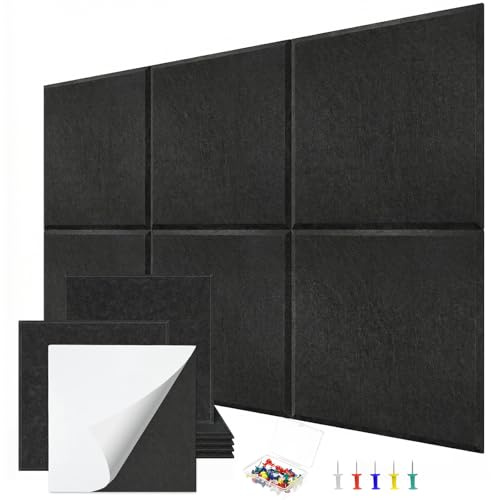 Large Cork Board Self-Adhesive, 36x24 Felt Board Tiles for Walls, 6 Pack 30x30cm Pin Board with 50 Colorful Pins, DIY Notice Board for Office Bedroom Home School