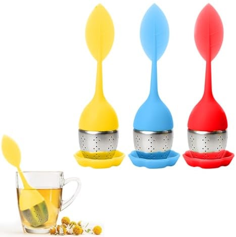 YAZWUR Infuseur Thé 3 pièces, Boule à Thé, Filtre en Acier Inoxydable, avec Poignée en Silicone Alimentaire pour un Nettoyage Facile, Égouttoir à Tamis Inclus, pour Tisane et Thé en Vrac (Feuille)