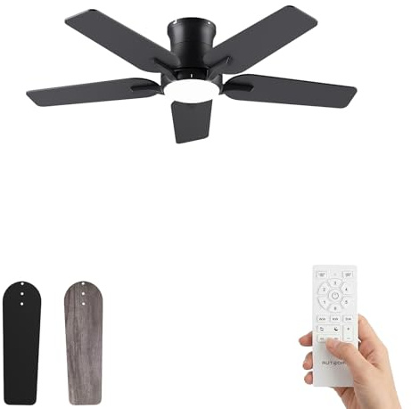 AUTODAY 122cm Deckenventilatoren Schwarz Flach mit 5 Flügel, Beleuchtung | Fernbedienung, Leise DC Motor, LED 24 W, Zweifarbige Sperrholzflügel, 3CCT Speicher, Dimmbar, 6 Geschwindigkeitsstufen, Timer