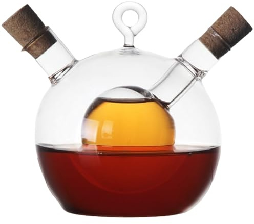 Ensemble distributeur d'huile et de vinaigre 2 en 1 350 ml + 50 ml, bouteille distributrice d'huile et de vinaigre en forme boule 4x4, 5 pouces en verre bouteille avec bouchon en liège pour cuis