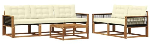 vidaXL Outdoor-Sofagarnitur mit Kissen 6 pcs Natur und Creme, Garten-Sofa, modernes Ecksofa, Robustes Loungemöbel, stilvolle Terrasse, Bequeme Sitzgruppe