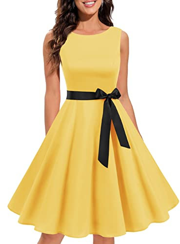 Gardenwed Robe de cocktail au style vintage années 1950/rockabilly Robe à jupe oscillante - Jaune - Taille XXL