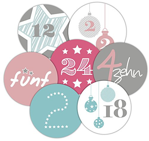 Frau WunderVoll 48 Adventskalenderzahlen Aufkleber, für 2 Kalender, Pastell, Durchmesser 4cm