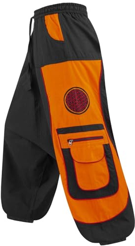 Kunst und Magie Flower of Life Hippie Haremshose Goahose Cargohose, Größe:L/XL, Farbe:Schwarz/Orange