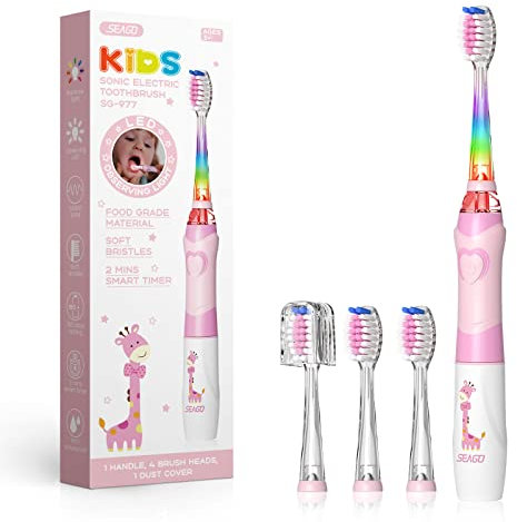 Seago Elektrische Zahnbürste Kinder ab 3 Jahren mit bunten LED Licht, 4 Aufsteckbürste, Smart Timer, Wasserdicht IPX7, SG977(Rosa)