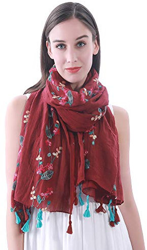 Lina & Lily Damen Schal mit Blumen Bestickt in Verschiedenen Farben (Dunkelrot)