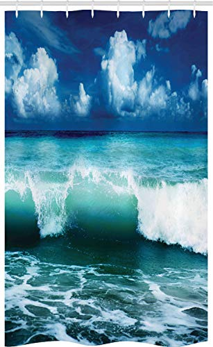 ABAKUHAUS Ozean Schmaler Duschvorhang, Karibik Seascape Wellen, Badezimmer Deko Set aus Stoff mit Haken, 120 x 180 cm, Weiß Aqua Blau