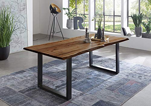 junado Baumkantentisch 180x90 cm Indira, nussbaumfarbig, Esszimmertisch aus Akazie, Holz-Tisch mit schwarz lackierten Beinen