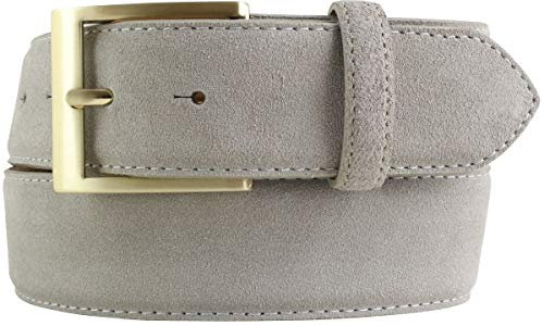 Gürtel aus Veloursleder mit goldener Gürtelschnalle 4 cm | Velour-Ledergürtel 40mm | Wildleder-Gürtel 4cm | Hellgrau 95cm