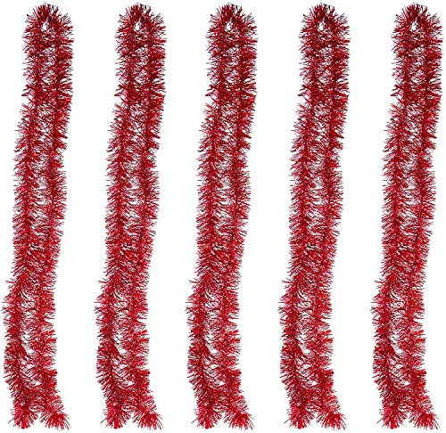 POFET 5 x rote Lametta-Girlande, 2 m lang, metallisch, glitzernd, hängende Dekoration für Weihnachtsbaum, Kranz, Hochzeit, Party