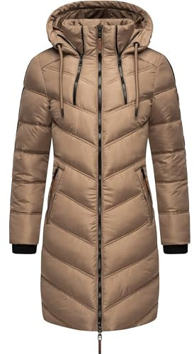 MARIKOO Damen Wintermantel Warmer Steppmantel lang mit Verstellbarer Kapuze Armasa Taupe Grey Gr. XS