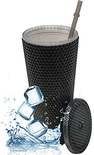 Nadia's Little Treasures Trinkhalm-Deckel mit Nieten, doppelwandiger Kunststoffbecher für Eiskaffee, Wasser, Slush oder Smoothies, Ihre Heimkino-Tasse (Metallic-Schwarz/Gold, 700 ml)