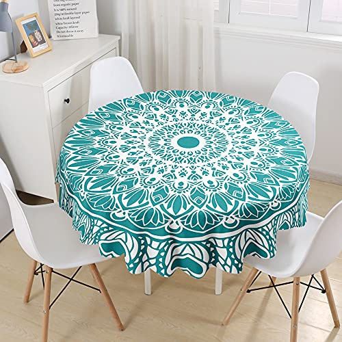 Morbuy 3D Rund Tischdecke Abwaschbar, Mandala Rund Tischdecken Wasserdicht Lotuseffekt Abwischbar Tischtuch für Dekoration Küchentisch Garten Outdoor (Durchmesser 150cm,Türkis)