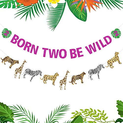 Funmemoir Dschungelthema 2. Geburtstagsdekorationen für Mädchen - Born Two Be Wild Banner, Safari Animal Print Banner, Tropical Cheetah Zoo Wild Two Geburtstagsdekorationen
