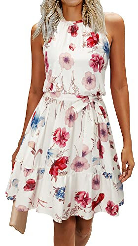 Newshows Sommerkleid Damen Knielang Elegant Kleid Neckholder Sommer Ärmellos Freizeitkleider mit Taschen(Floral-4, M)