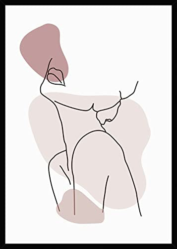 Rahmenbild Woman Pink 50 x 70 cm | Gezeichnet im schlichten Stil der One-Line-Art und in Boho Farben koloriert | Modern Living | Wandbild mit schwarzem Rahmen | Wohnzimmer Schlafzimmer | Home Deko