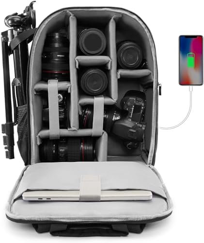 CADeN Anti-Diebstahl-Design Kamerarucksack Tasche für Sony Canon Nikon DSLR/SLR Spiegellos Wasserdicht mit 15,6 Laptopfach, USB-Ladeanschluss, Stativhalterung, Regenschutz, Schwarz L