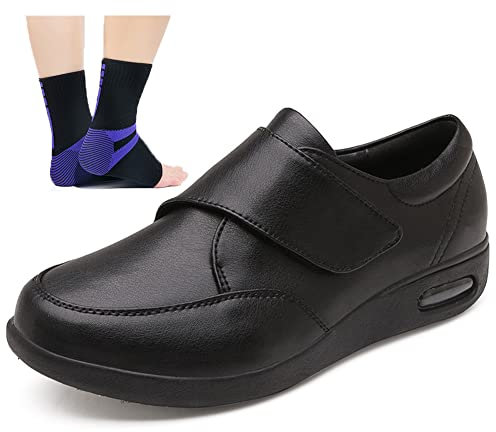Aocase Herren Extra Weit Klettverschluss Lederschuhe Diabetiker Schuhe für Geschwollene Füße Gesundheitsschuhe Senioren Breite Füße Arthritis Orthopädische Hausschuhe,Schwarz,43EU
