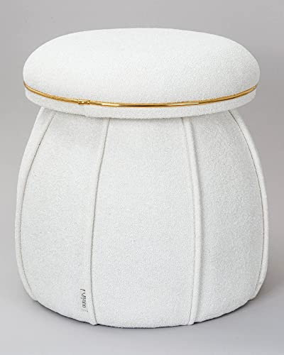 Qiyano Pouf Sitzhocker aus kuscheligem Teddystoff in Weiß in Kegelform Pilzform für Wohnzimmer, Schlafzimmer, Kinderzimmer, Kunstlederverzierung in Gold, Höhe ca. 55 cm, Farbe: Weiß