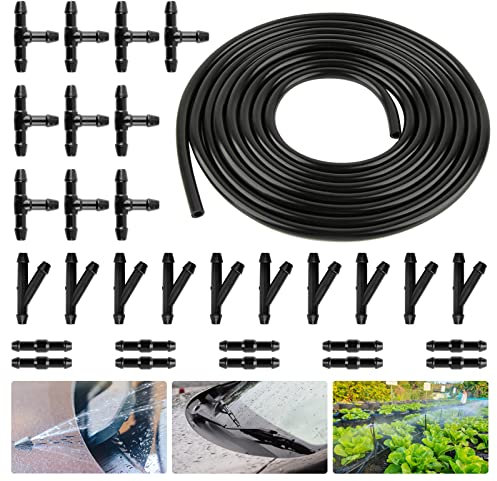 30pcs Kit de Tuyau Essuie Glace Tuyau Lave Glace 4mm Connecteurs Buse d'Essuie-Glace Universel Forme T Droit Y avec 3 Mètre Tuyau d'Eau Accessoire Raccord de Tuyau pour Pare-Brise Voitures Noir
