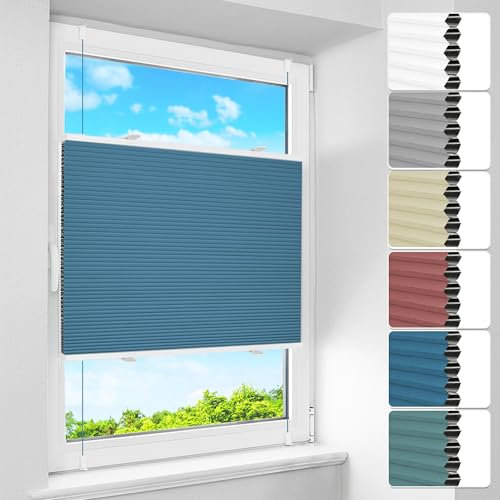 BelleMax Wabenplissee ohne Bohren Verdunkelung Thermo Plissee Klemmfix, Blau-weiß 55x130 cm (BxH), 100% Blickdicht Verdunklungsplissee, Schallschutz Sonnenschutz Doppelplissee für Fenster
