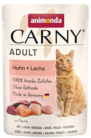 animonda Carny Katzenfutter nass Huhn + Lachs, 12 Portionsbeutel (12 x 85g), getreidefreies Katzennassfutter ohne Zucker für ausgewachsene Katzen mit frischen fleischigen Zutaten