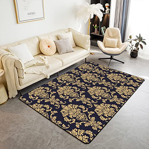 Eleganter Damastteppich 100Bx150L Antike Barocke Blumen Flächenteppiche für Jungen Männer Gold Und Schwarzer Blumenteppich Stilvoller Moderner Europäischer Rutschfester Dekor Teppich für Wohnzimmer