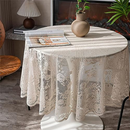auons Round Lace Tablecloth, 60 inch Vintage Floral Embroidered Table Cloth, Romantic Chic Lace Table Cover for Wedding Banquet Party Holiday Dinner Decor, Beige