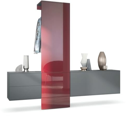 Vladon Garderobe Carlton Set 1, Made in Germany, Flur-Garderobe aus Deko-paneel, Schubladen-Kommode & Schuhschrank, Anthrazit matt/Bordeaux Hochglanz (209 x 193 x 35 cm)