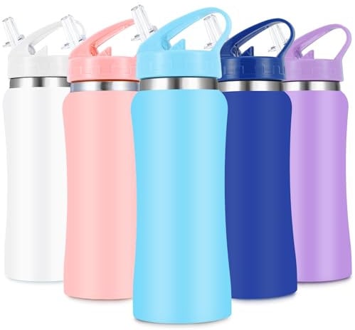 Kids Stainless Steel Insulated Water Bottle with Straw,350 ml Small Water Bottles for School Reusable Metal Vacuum Small Flask Leakproof Keep Drinks Hot Cold for Boys Girls(Light Blue)