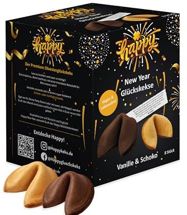 Happy New Year Schoko-Vanille Glückskekse | Silvester Geschenk & Tischdeko mit Sprüchen | vegan & laktosefrei | 8 Stück | Glücksbringer zum Jahreswechsel