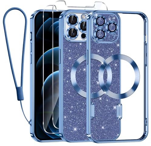 Kokio Handykette für iPhone 12 Pro Max Hülle mit Band, [Kompatibel mit MagSafe] Glitzer Magnetisch Handyhülle für iPhone 12 Pro Max mit 2 Stück Schutzfolie Stoßfeste Silikon Schutzhülle, Blau
