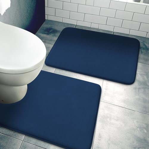 YIHOUSE Badezimmerteppich-Set, extra dick, Memory-Schaum, rutschfest, super saugfähig, weich, maschinenwaschbar, Badezimmer-Fußmatten-Sets für Waschbecken, Badewanne, Dusche und WC, Dunkelblau,