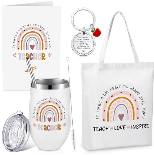 Nuenen 4 Pcs Teacher Gifts Set for Women Includes 20 oz Insulated Coffee Tumbler Bag Keychain Thank You Card Teacher Appreciation Gifts for Nursery Assistant Leaving Graduation Present from Student