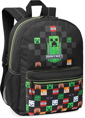Minecraft Rucksack Kinder, Schulranzen mit Netztasche & Gepolsterten Riemen - Gamer Geschenke für Jungs (Schwarz)