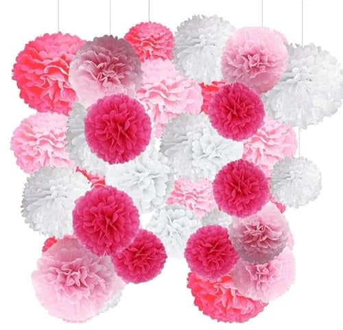 12 Pompons en Papier de Soie Rose Boheme Chic Baptême Ponpon Papier | Guirlande Ronde - Fleurs pour Anniversaire, Douche Nuptiale, Fiançailles, Nouvel An - Décoration