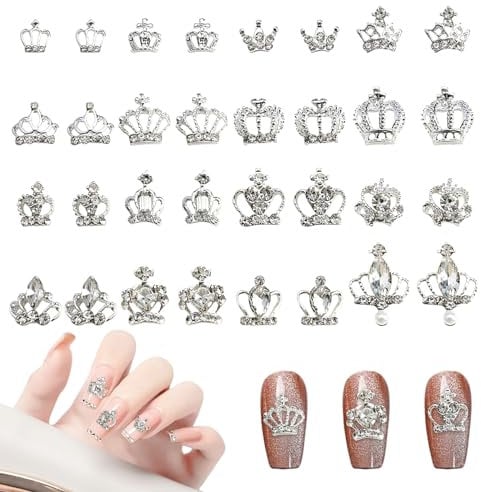 Crown Nail Charms, 30 Pcs Silver Nail Art Charms 3D Nail Rhinestones and Gems Alloy Nail Decorations for DIY Nail Supplies Jewelry Making (Silver)