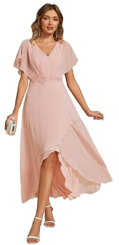 Ever-Pretty Robe pour Mariage Invité Longue Femme Asymétrique Col V Plissé Manches Volantées Mousseline Robe de Soirée Chic Rose Clair 44