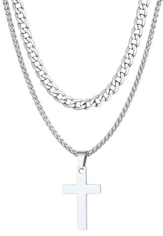 FaithHeart Kreuz Ketten für Herren Damen, Edelstahl Doppelte Halskette mit Kreuz Anhänger, 55cm lang Kette mit Kruzifix Anhänger