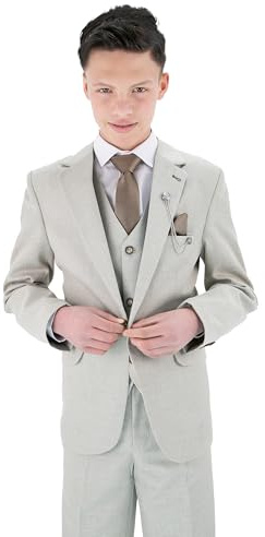 Boys Textured 8-Piece Formal Suit - Slim Fit for Pageboy, Wedding 229 Taupe Beige Sizes 16 Years UK