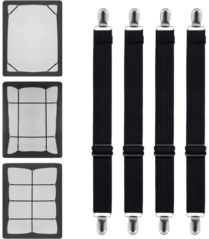 KUBDPQOR Sujeta Sabanas Bajeras, 4 Piezas Sujetadores de Hojas, Pinzas Sabanas Bajeras con Clips Metálicos, Sujetadores de Tirantes Ajustables para Sabana Bajera, Sábanas, Sofás, hasta 200 cm(Negro)